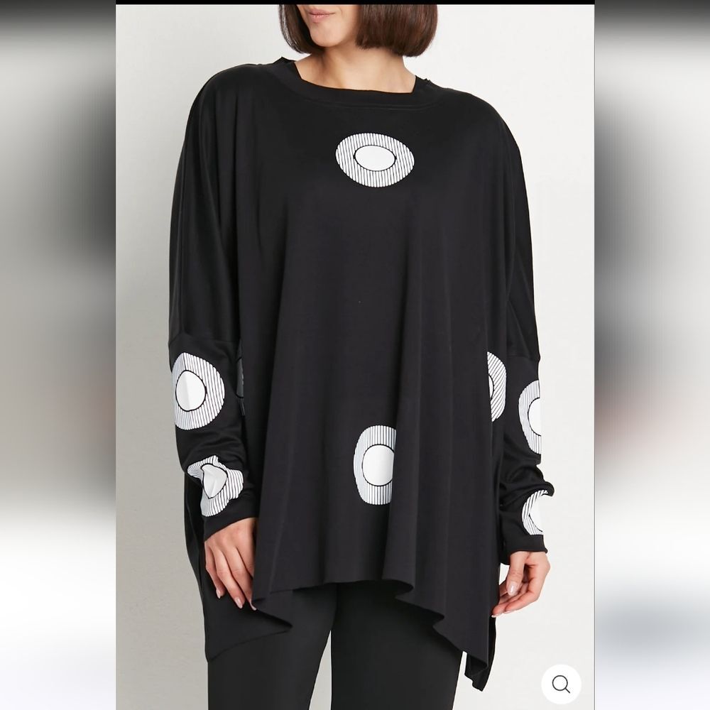 Planet G Pima Cotton Spotlight Oversized Crew Swing Black White Dots Top OS (BX8